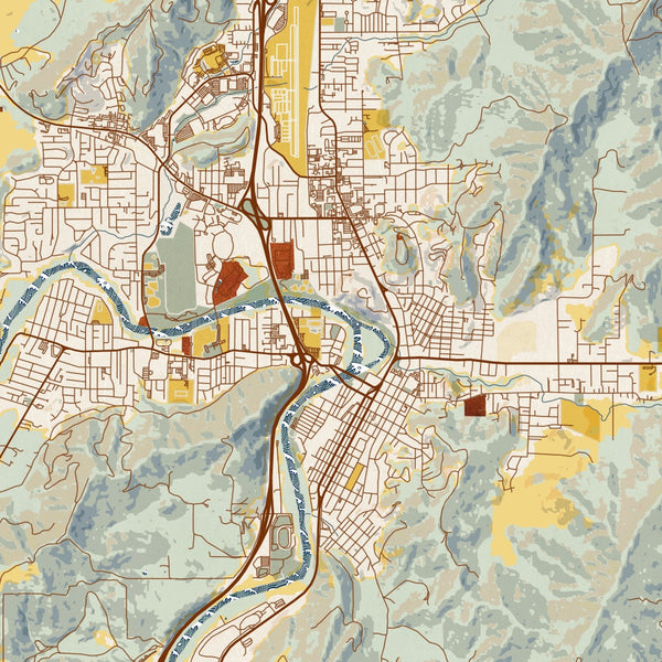 Roseburg Oregon Map Print in Woodblock Style Zoomed In Close Up Showing Details