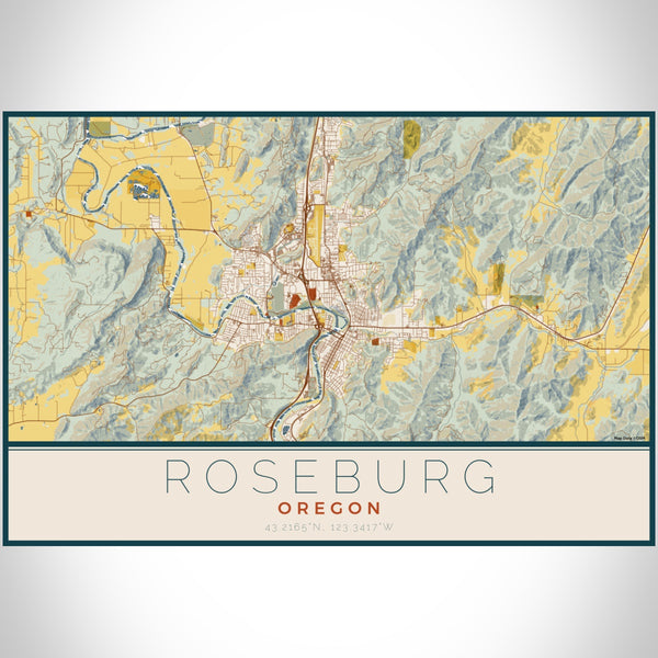 Roseburg Oregon Map Print Landscape Orientation in Woodblock Style With Shaded Background