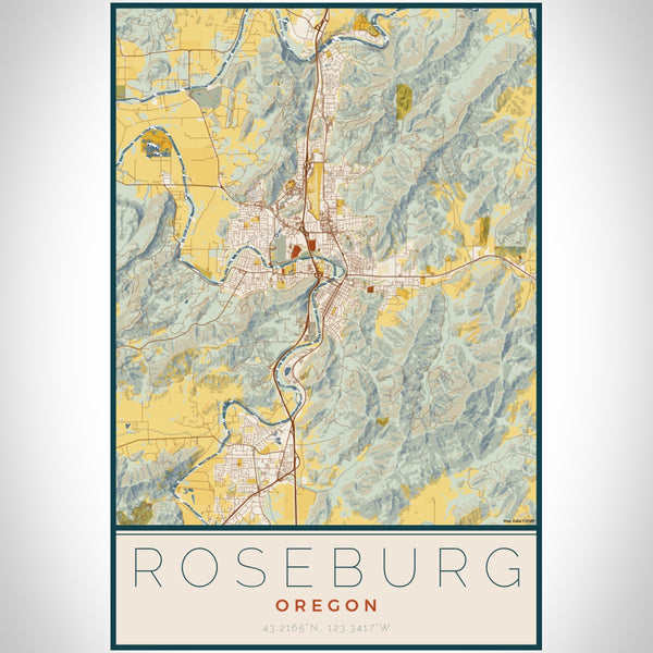 Roseburg Oregon Map Print Portrait Orientation in Woodblock Style With Shaded Background