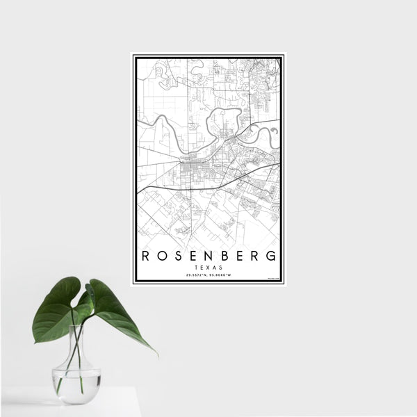 16x24 Rosenberg Texas Map Print Portrait Orientation in Classic Style With Tropical Plant Leaves in Water