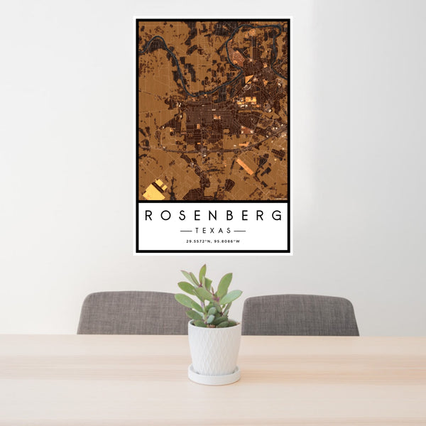 24x36 Rosenberg Texas Map Print Portrait Orientation in Ember Style Behind 2 Chairs Table and Potted Plant