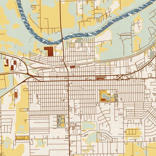 Rosenberg Texas Map Print in Woodblock Style Zoomed In Close Up Showing Details