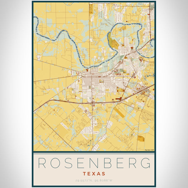 Rosenberg Texas Map Print Portrait Orientation in Woodblock Style With Shaded Background