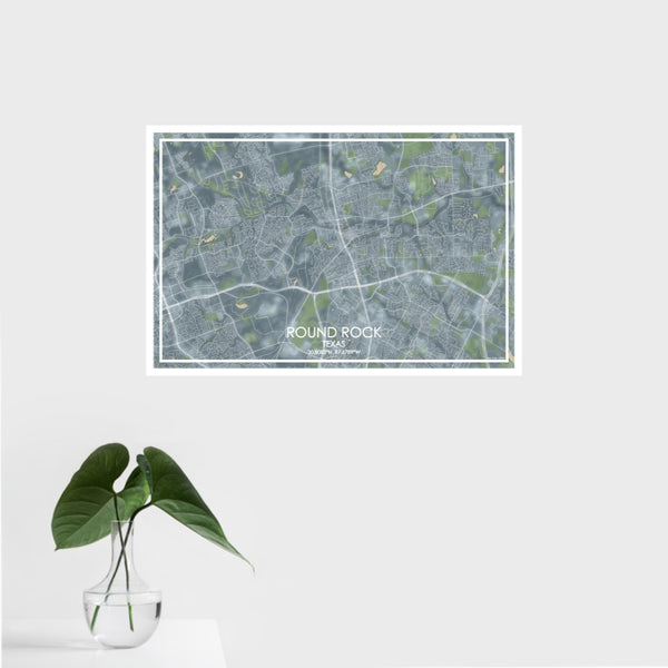 16x24 Round Rock Texas Map Print Landscape Orientation in Afternoon Style With Tropical Plant Leaves in Water
