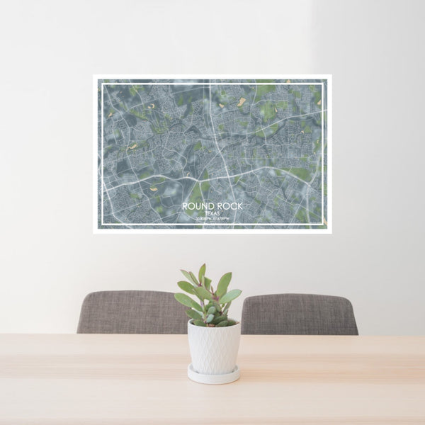 24x36 Round Rock Texas Map Print Lanscape Orientation in Afternoon Style Behind 2 Chairs Table and Potted Plant