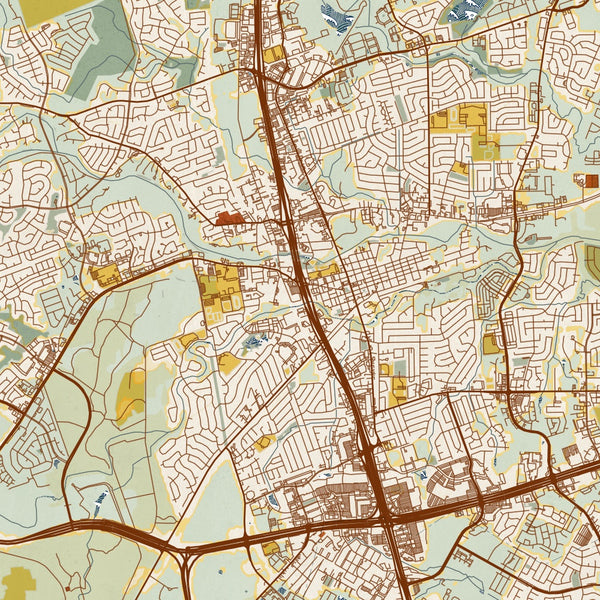 Round Rock Texas Map Print in Woodblock Style Zoomed In Close Up Showing Details