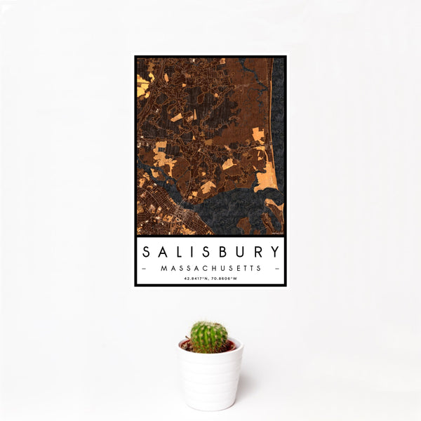 12x18 Salisbury Massachusetts Map Print Portrait Orientation in Ember Style With Small Cactus Plant in White Planter