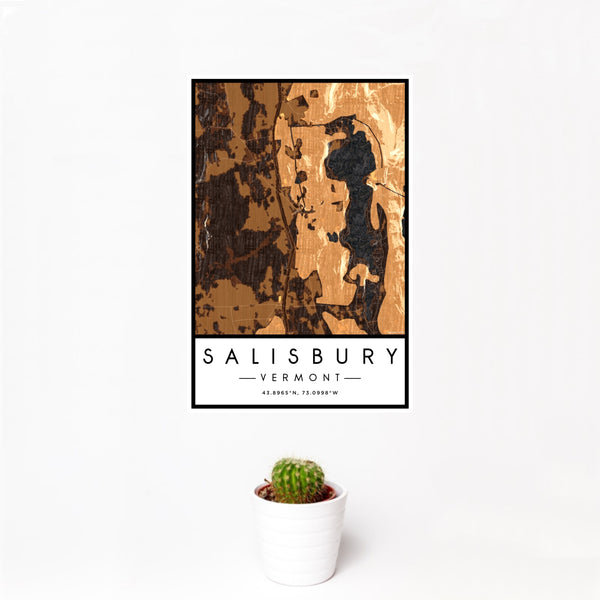 12x18 Salisbury Vermont Map Print Portrait Orientation in Ember Style With Small Cactus Plant in White Planter