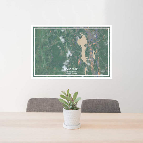 24x36 Salisbury Vermont Map Print Lanscape Orientation in Afternoon Style Behind 2 Chairs Table and Potted Plant