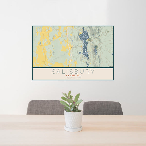 24x36 Salisbury Vermont Map Print Lanscape Orientation in Woodblock Style Behind 2 Chairs Table and Potted Plant