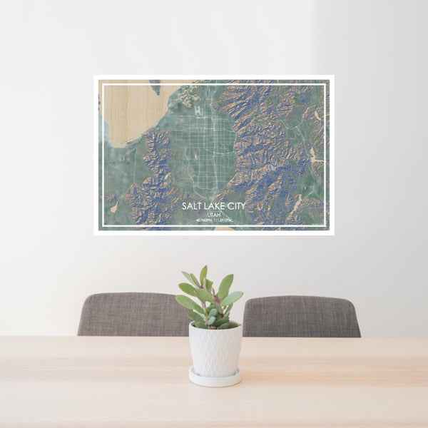 24x36 Salt Lake City Utah Map Print Lanscape Orientation in Afternoon Style Behind 2 Chairs Table and Potted Plant