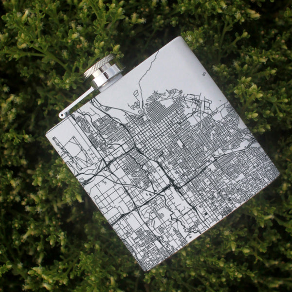 Salt Lake City Utah Custom Engraved City Map Inscription Coordinates on 6oz Stainless Steel Flask in White