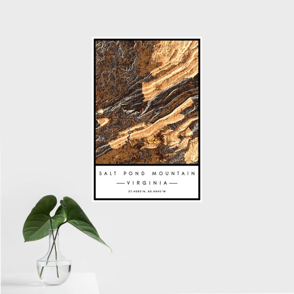 16x24 Salt Pond Mountain Virginia Map Print Portrait Orientation in Ember Style With Tropical Plant Leaves in Water