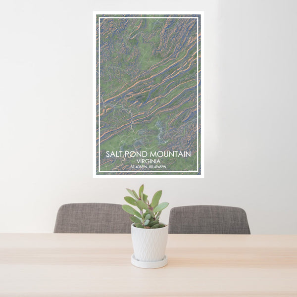 24x36 Salt Pond Mountain Virginia Map Print Portrait Orientation in Afternoon Style Behind 2 Chairs Table and Potted Plant