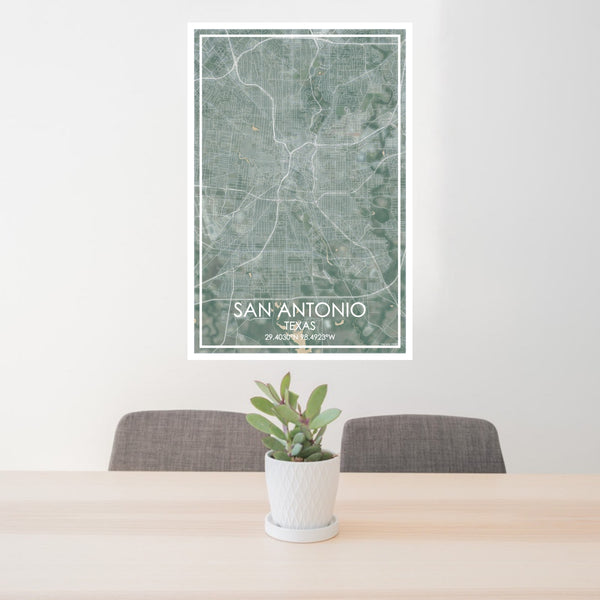 24x36 San Antonio Texas Map Print Portrait Orientation in Afternoon Style Behind 2 Chairs Table and Potted Plant