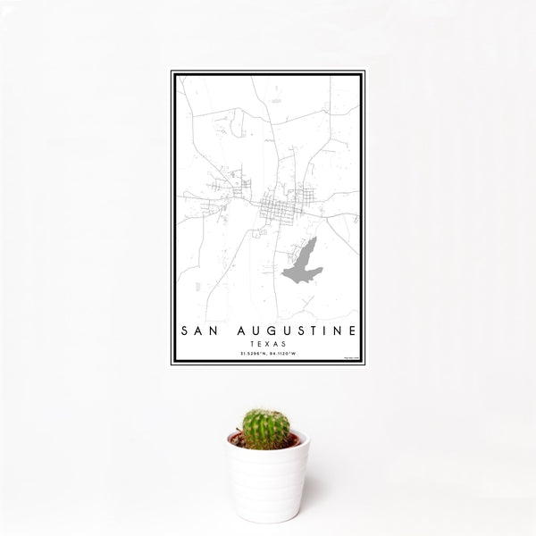 12x18 San Augustine Texas Map Print Portrait Orientation in Classic Style With Small Cactus Plant in White Planter