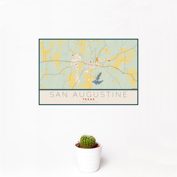 12x18 San Augustine Texas Map Print Landscape Orientation in Woodblock Style With Small Cactus Plant in White Planter