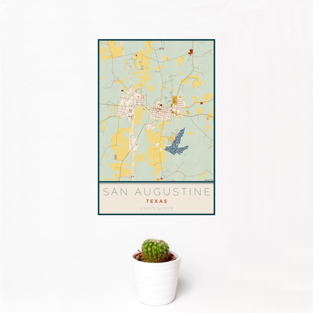 12x18 San Augustine Texas Map Print Portrait Orientation in Woodblock Style With Small Cactus Plant in White Planter