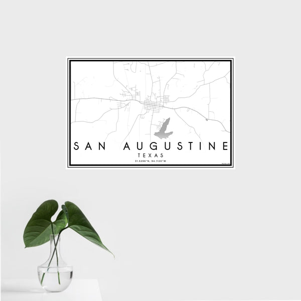 16x24 San Augustine Texas Map Print Landscape Orientation in Classic Style With Tropical Plant Leaves in Water