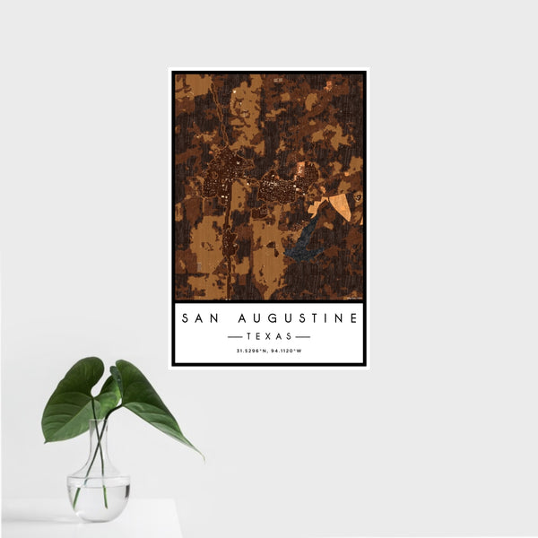 16x24 San Augustine Texas Map Print Portrait Orientation in Ember Style With Tropical Plant Leaves in Water