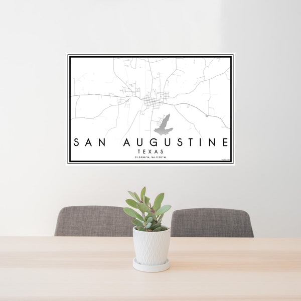 24x36 San Augustine Texas Map Print Lanscape Orientation in Classic Style Behind 2 Chairs Table and Potted Plant