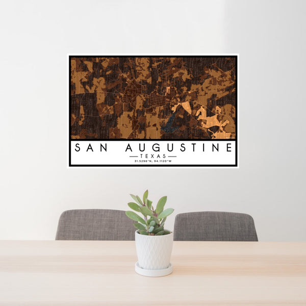 24x36 San Augustine Texas Map Print Lanscape Orientation in Ember Style Behind 2 Chairs Table and Potted Plant