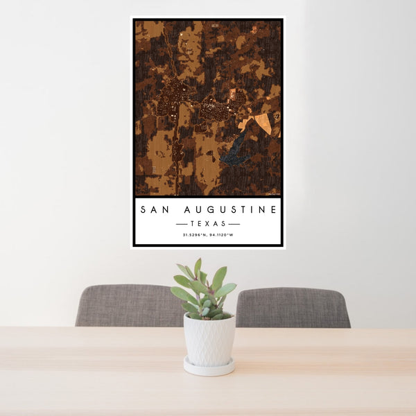 24x36 San Augustine Texas Map Print Portrait Orientation in Ember Style Behind 2 Chairs Table and Potted Plant
