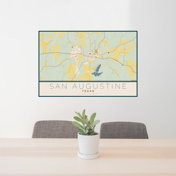 24x36 San Augustine Texas Map Print Lanscape Orientation in Woodblock Style Behind 2 Chairs Table and Potted Plant