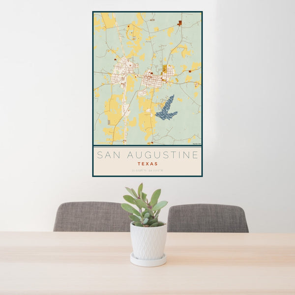 24x36 San Augustine Texas Map Print Portrait Orientation in Woodblock Style Behind 2 Chairs Table and Potted Plant