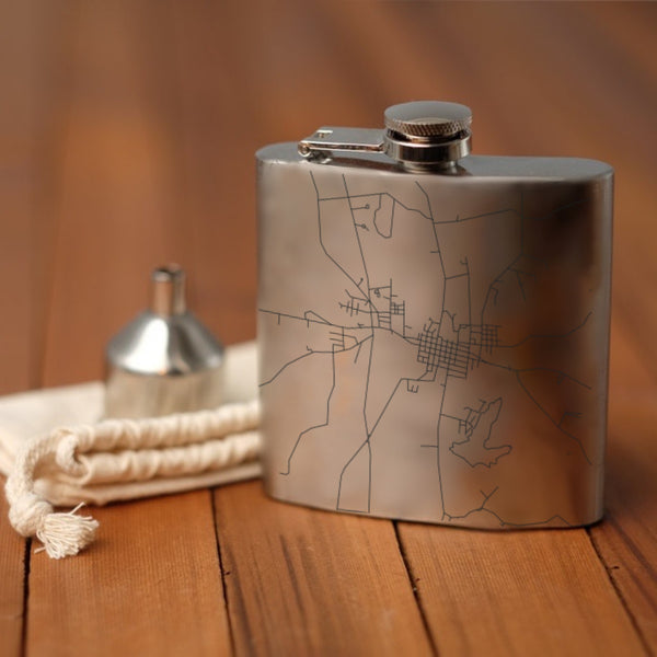 San Augustine Texas Custom Engraved City Map Inscription Coordinates on 6oz Stainless Steel Flask