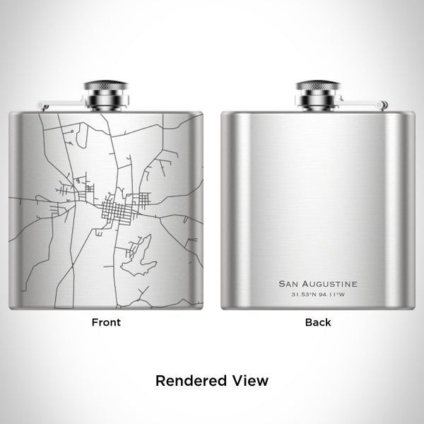 Rendered View of San Augustine Texas Map Engraving on 6oz Stainless Steel Flask