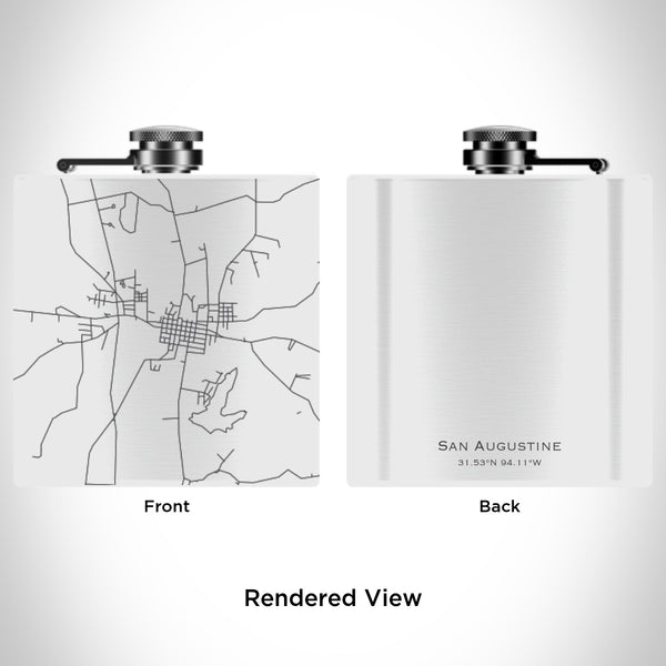 Rendered View of San Augustine Texas Map Engraving on 6oz Stainless Steel Flask in White