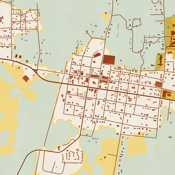 San Augustine Texas Map Print in Woodblock Style Zoomed In Close Up Showing Details