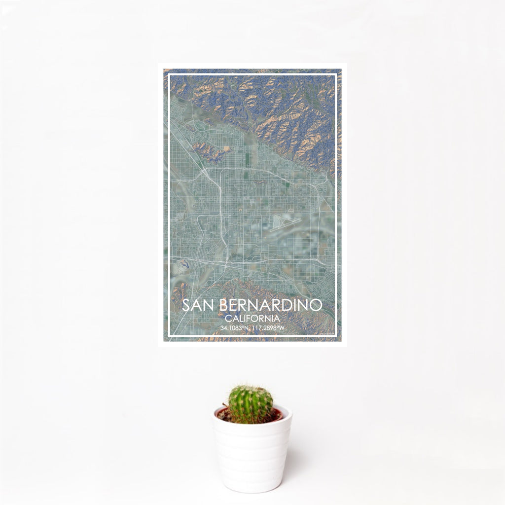 12x18 San Bernardino California Map Print Portrait Orientation in Afternoon Style With Small Cactus Plant in White Planter