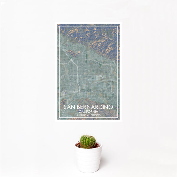 12x18 San Bernardino California Map Print Portrait Orientation in Afternoon Style With Small Cactus Plant in White Planter