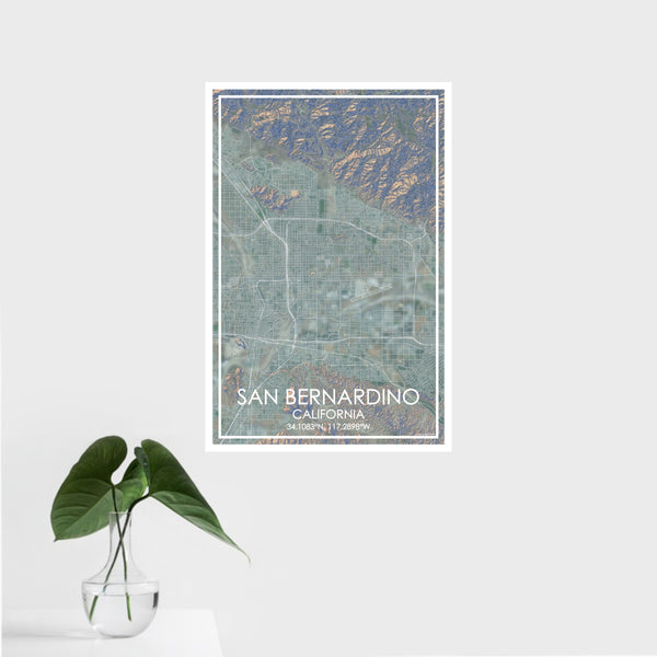 16x24 San Bernardino California Map Print Portrait Orientation in Afternoon Style With Tropical Plant Leaves in Water
