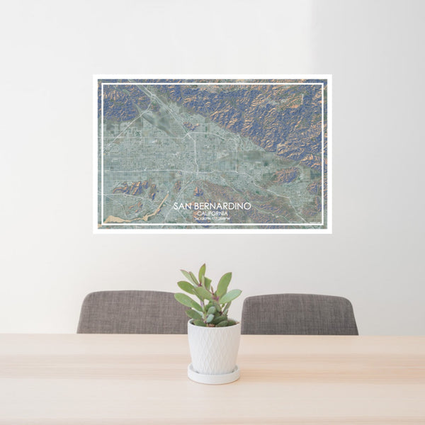 24x36 San Bernardino California Map Print Lanscape Orientation in Afternoon Style Behind 2 Chairs Table and Potted Plant
