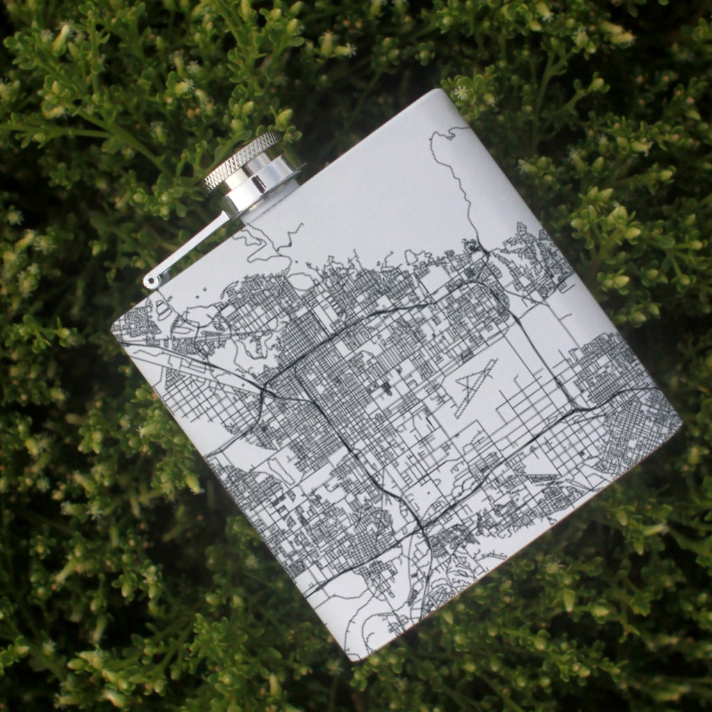 San Bernardino California Custom Engraved City Map Inscription Coordinates on 6oz Stainless Steel Flask in White