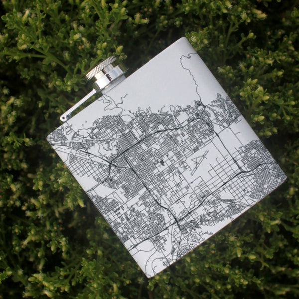 San Bernardino California Custom Engraved City Map Inscription Coordinates on 6oz Stainless Steel Flask in White