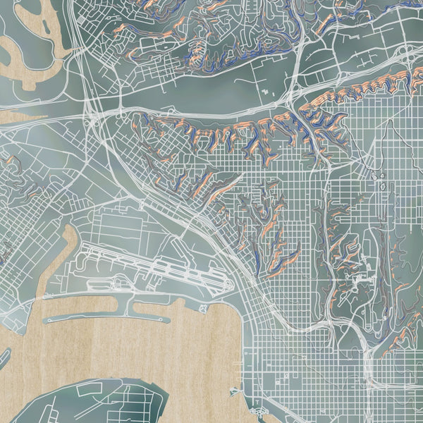 San Diego California Map Print in Afternoon Style Zoomed In Close Up Showing Details