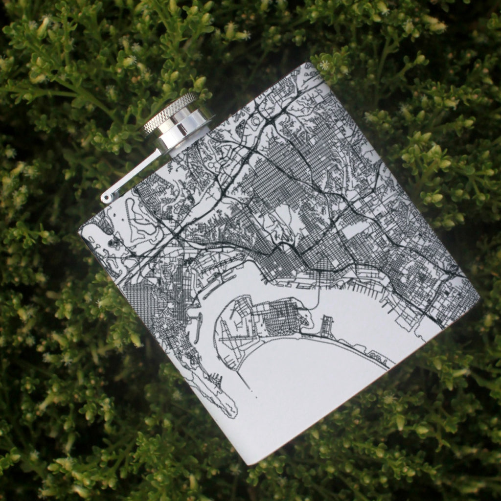 San Diego California Custom Engraved City Map Inscription Coordinates on 6oz Stainless Steel Flask in White