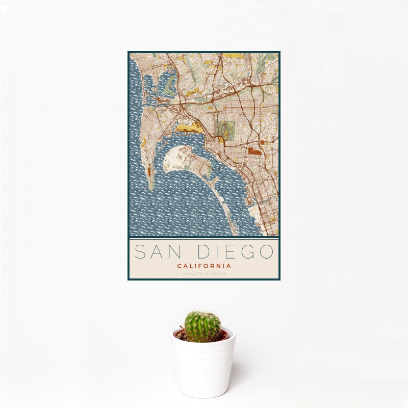 San Diego - California Map Print in Woodblock