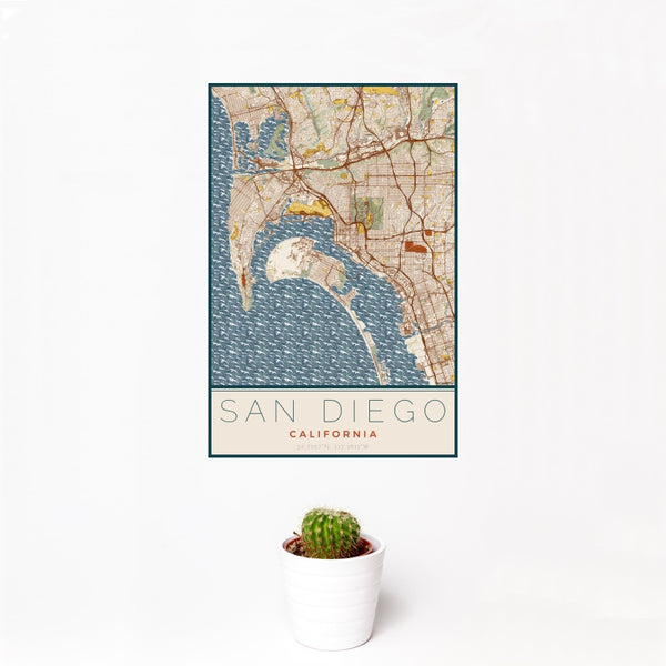San Diego - California Map Print in Woodblock
