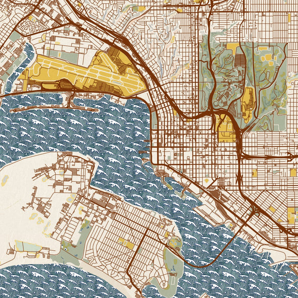 San Diego - California Map Print in Woodblock