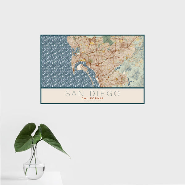 San Diego - California Map Print in Woodblock