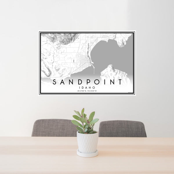 24x36 Sandpoint Idaho Map Print Lanscape Orientation in Classic Style Behind 2 Chairs Table and Potted Plant