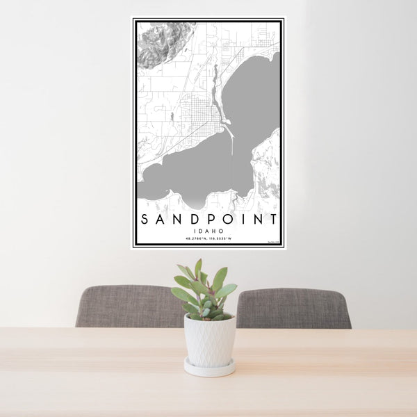 24x36 Sandpoint Idaho Map Print Portrait Orientation in Classic Style Behind 2 Chairs Table and Potted Plant