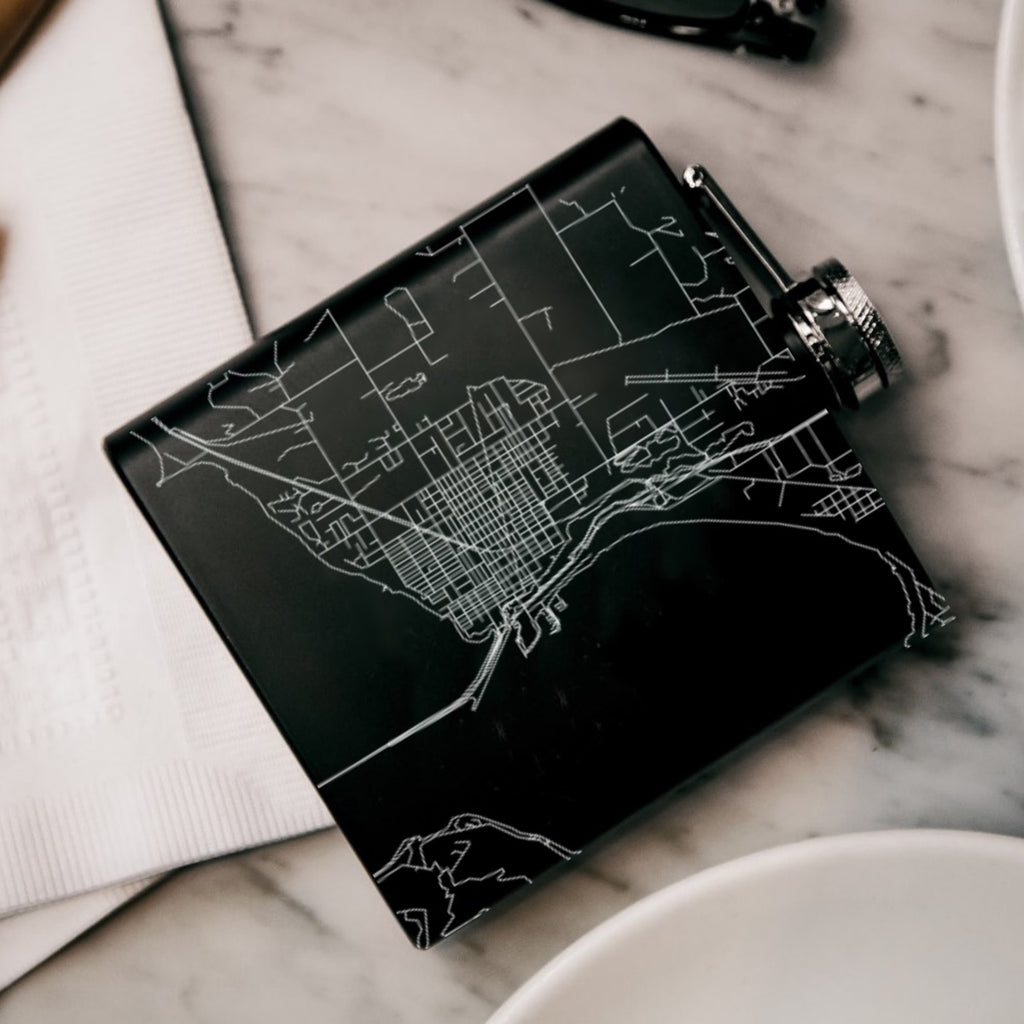 Sandpoint Idaho Custom Engraved City Map Inscription Coordinates on 6oz Stainless Steel Flask in Black