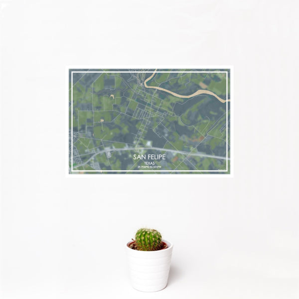 12x18 San Felipe Texas Map Print Landscape Orientation in Afternoon Style With Small Cactus Plant in White Planter
