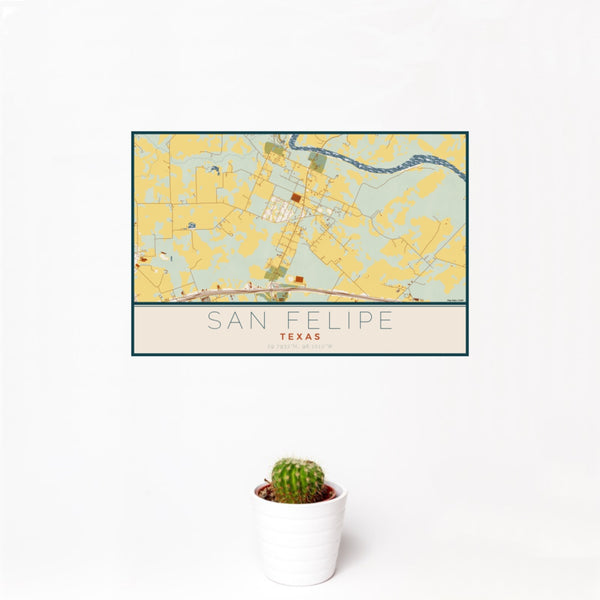 12x18 San Felipe Texas Map Print Landscape Orientation in Woodblock Style With Small Cactus Plant in White Planter